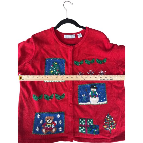 Vtg 90's Christmas Knit Cardigan Sweater Women's XL Red Tree Snowman Snowflakes - Picture 13 of 16